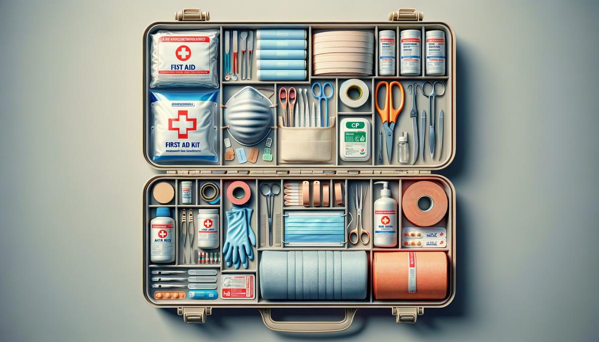 Image of a fully stocked first aid kit with all the essentials displayed neatly inside. Avoid using words, letters or labels in the image when possible.