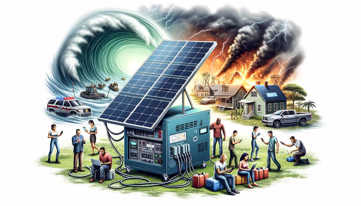 Image of a solar power generator in use during an emergency situation. Avoid using words, letters or labels in the image when possible.