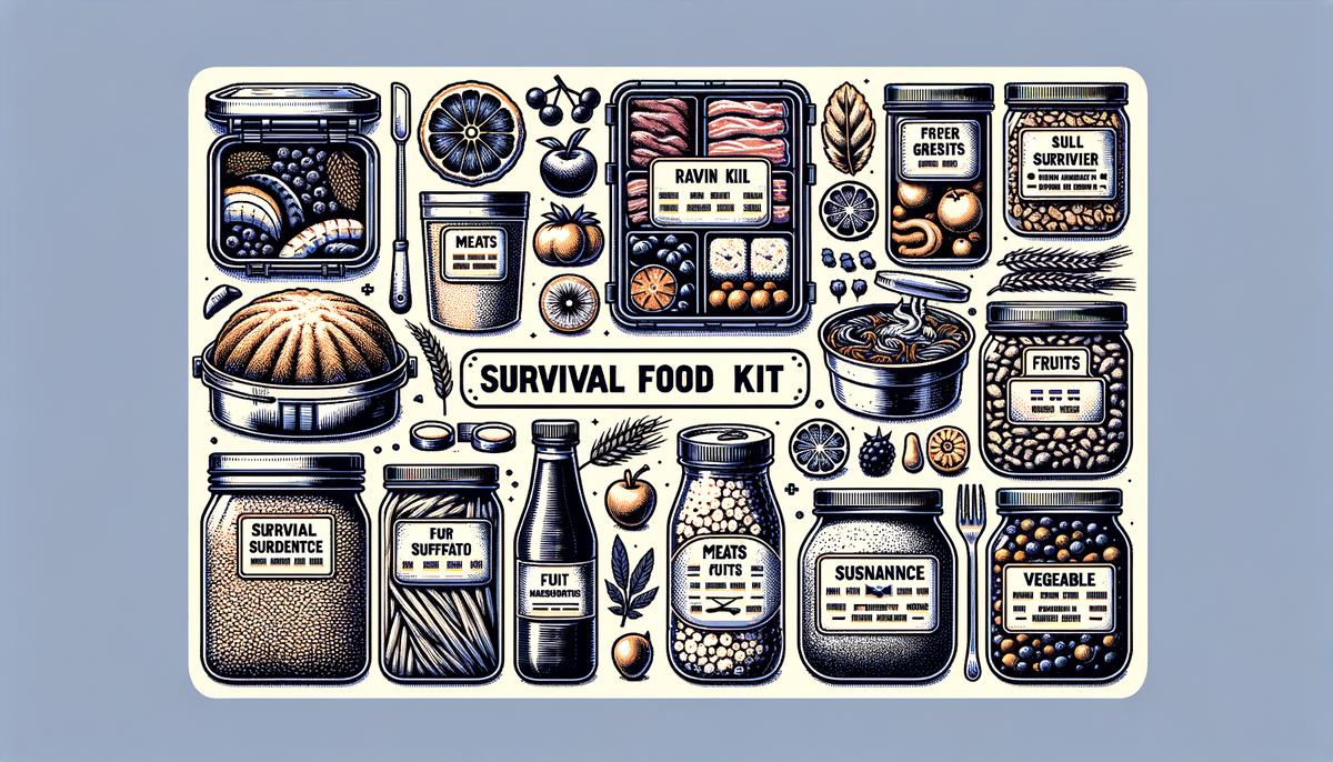 Image of various survival food kits with different items such as grains, meats, fruits, and vegetables. Avoid using words, letters or labels in the image when possible.