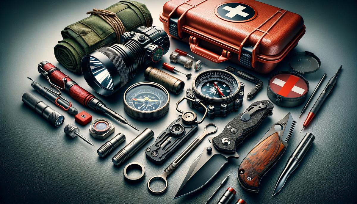 An image showing a collection of survival gear including a flashlight, compass, knife, and first aid kit. Avoid using words, letters or labels in the image when possible.