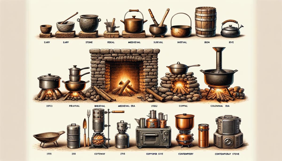 Various types of survival cooking equipment throughout history, showing evolution and innovation. Avoid using words, letters or labels in the image when possible.