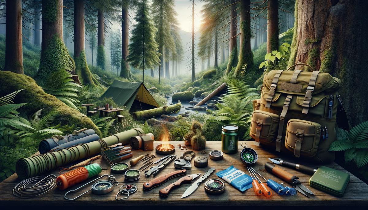 Various survival tools displayed in a wilderness setting. Avoid using words, letters or labels in the image when possible.