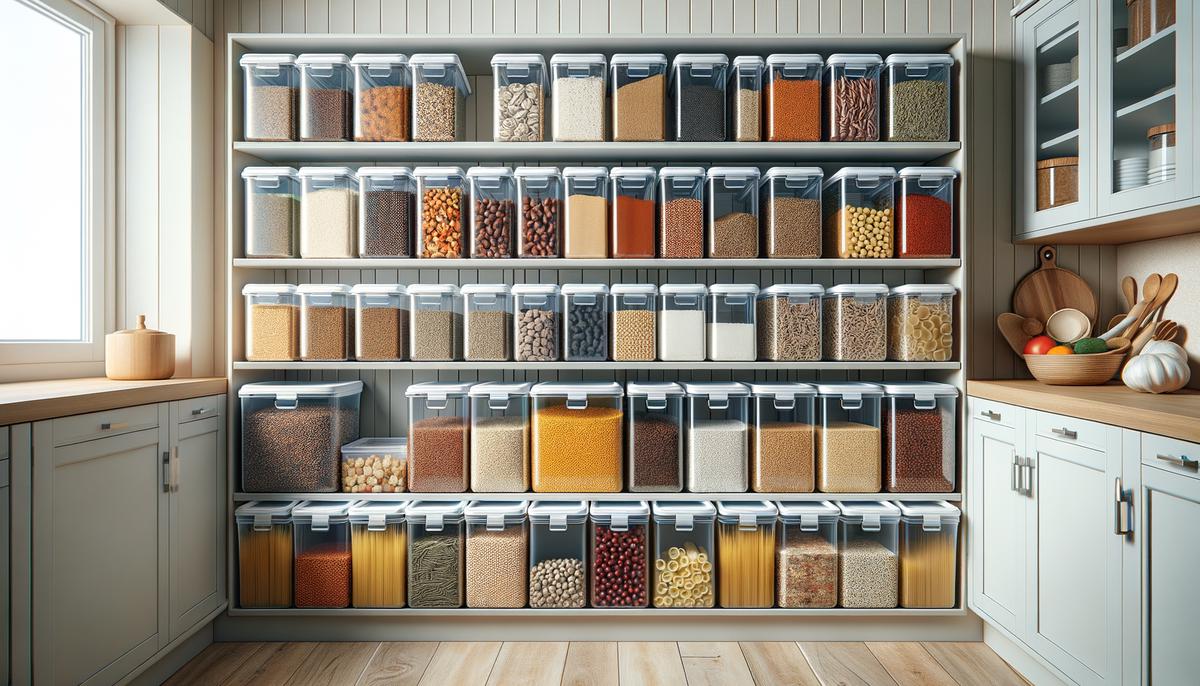 Image showing organized bulk food storage in a pantry. Avoid using words, letters or labels in the image when possible.