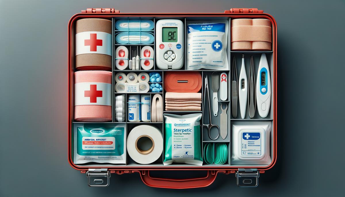 A first aid kit filled with medical supplies. Avoid using words, letters or labels in the image when possible.