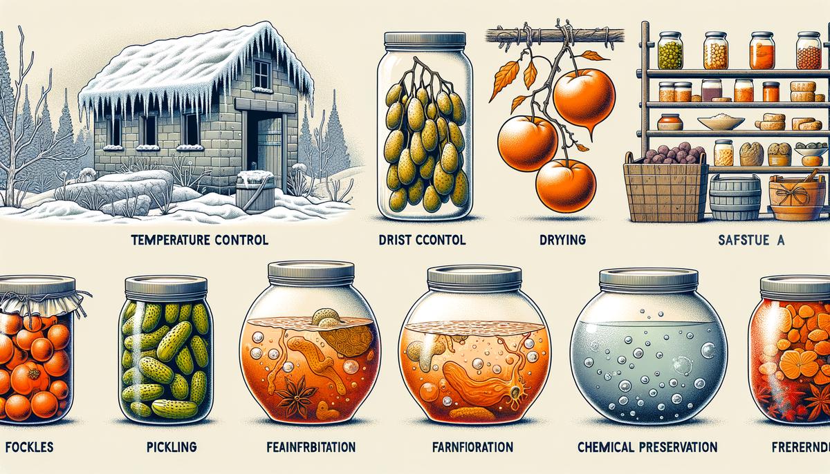 Various food preservation techniques including temperature control, drying, pickling, fermentation, and chemical preservation. Avoid using words, letters or labels in the image when possible.