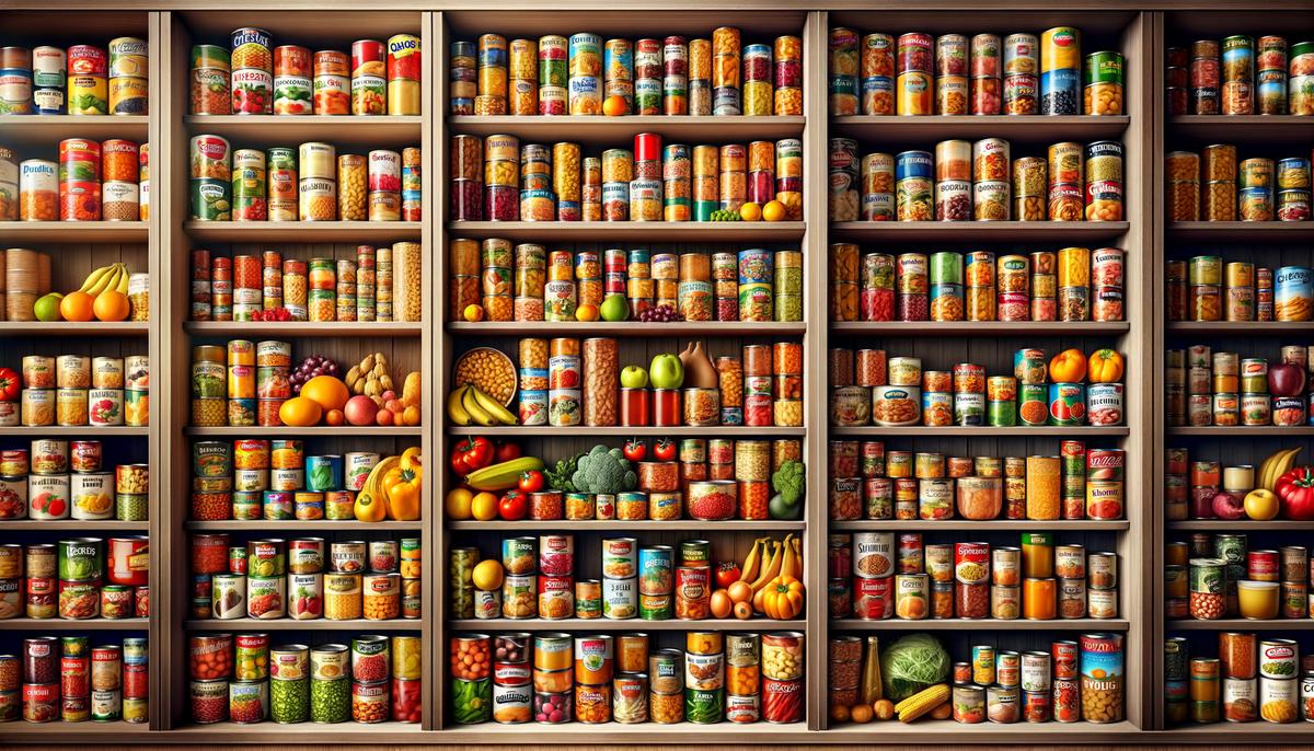 Variety of canned food items stored neatly in a pantry. Avoid using words, letters or labels in the image when possible.