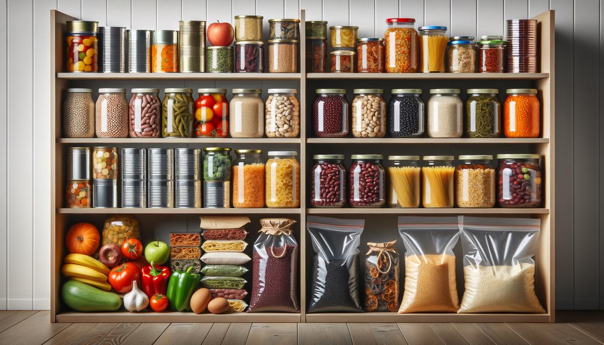 Various canned goods and dried foods representing long shelf life foods. Avoid using words, letters or labels in the image when possible.