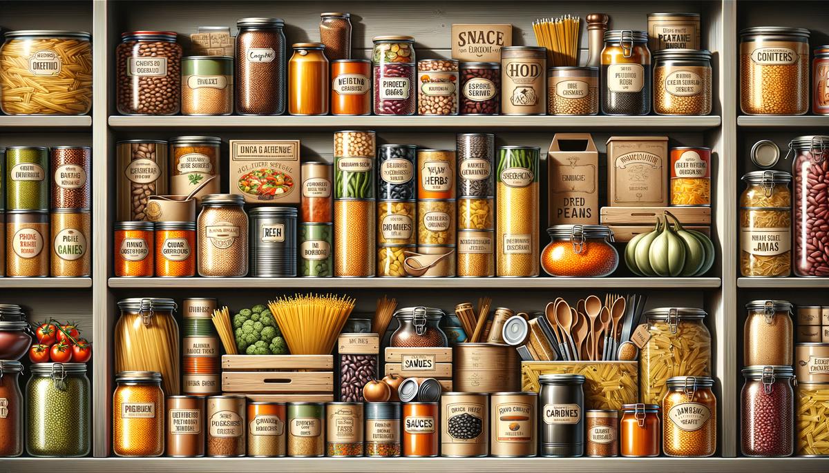 A variety of canned and dried foods stacked neatly in a pantry. Avoid using words, letters or labels in the image when possible.