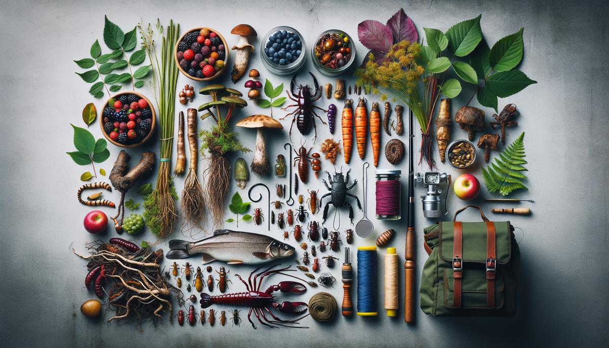 A diverse array of edible plants and insects, a fishing kit, and a preserved fish, all essential items for survival situations. Avoid using words, letters or labels in the image when possible.