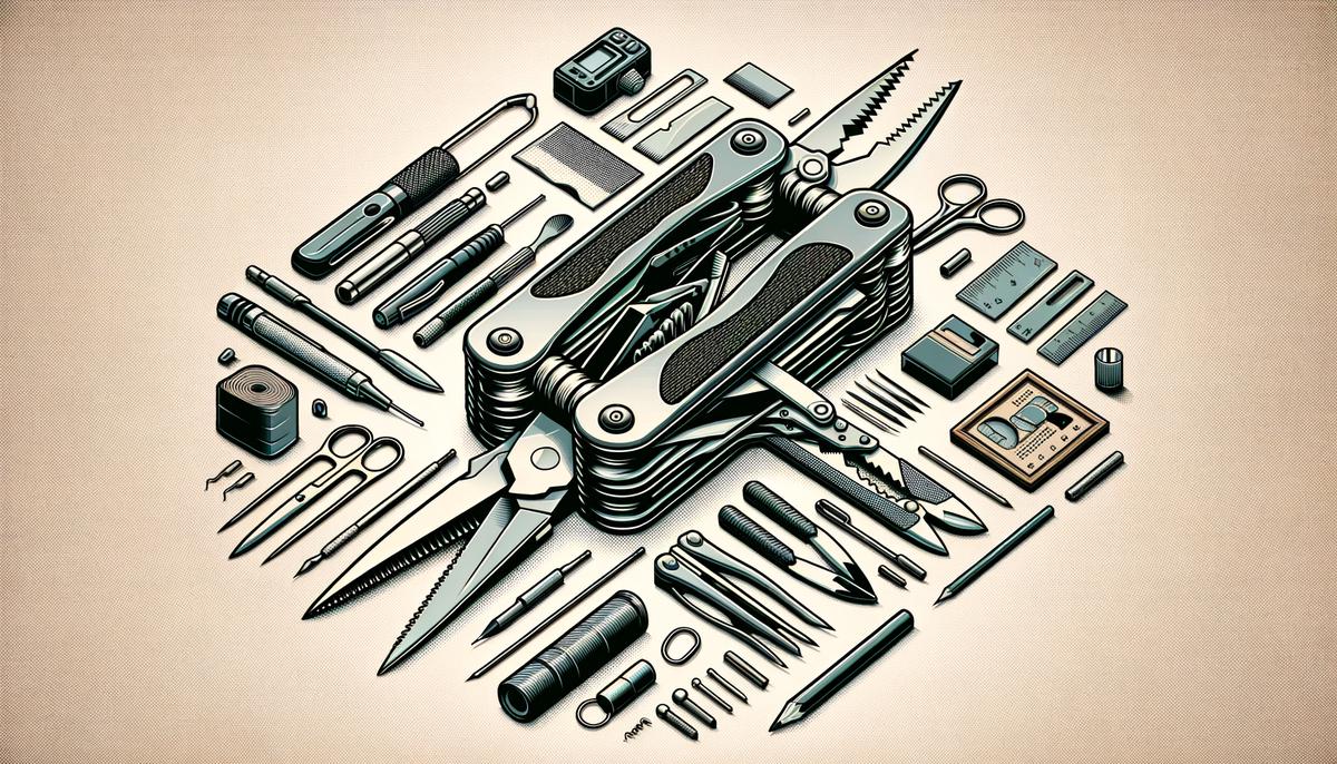 A multi-tool with various blades, scissors, and tools folded into a compact device for convenience and practicality. Avoid using words, letters or labels in the image when possible.