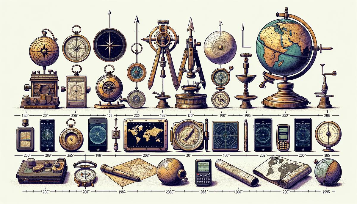 A historical representation of the evolution of navigation tools from ancient techniques to modern technology. Avoid using words, letters or labels in the image when possible.