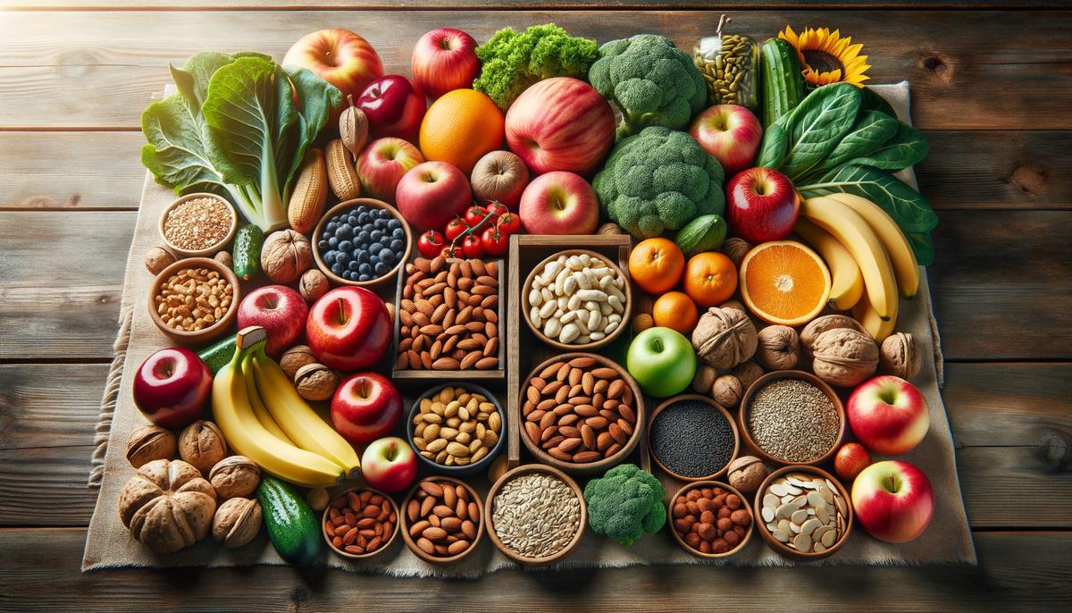 A variety of fruits, vegetables, nuts, and seeds neatly arranged on a table. Avoid using words, letters or labels in the image when possible.