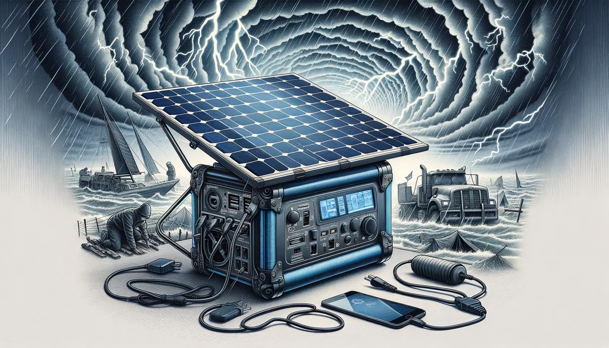 Image of a solar generator for emergencies. Avoid using words, letters or labels in the image when possible.