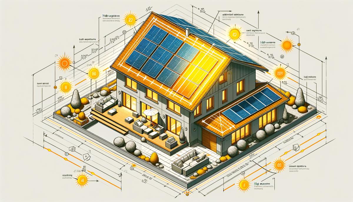 A diagram showing solar panels on a rooftop, highlighting the optimal placement for maximum sunlight exposure. Avoid using words, letters or labels in the image when possible.