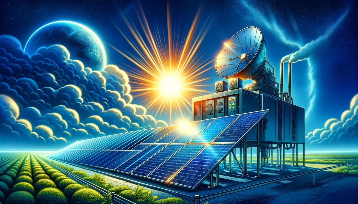 Image of solar panels and a solar generator with sunlight shining on them for energy production. Avoid using words, letters or labels in the image when possible.