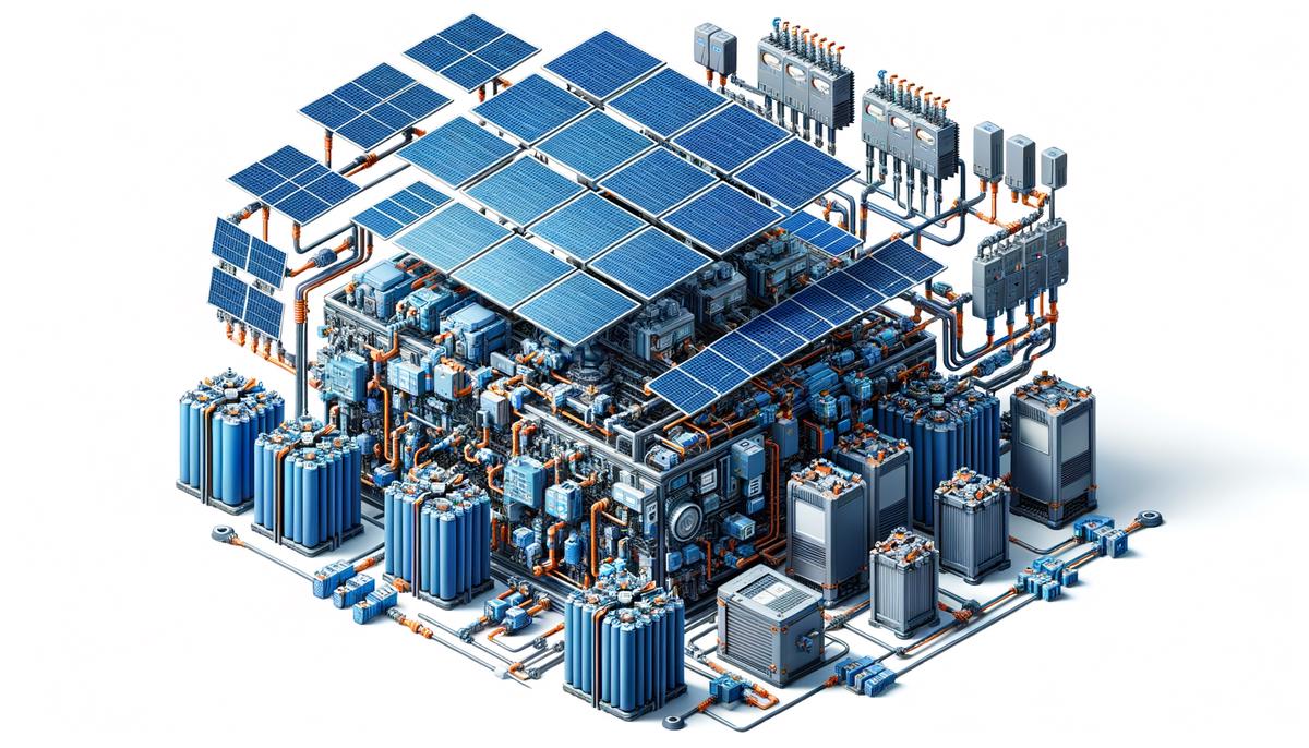 Image of a solar generator system including solar panels, batteries, and inverters. Avoid using words, letters or labels in the image when possible.