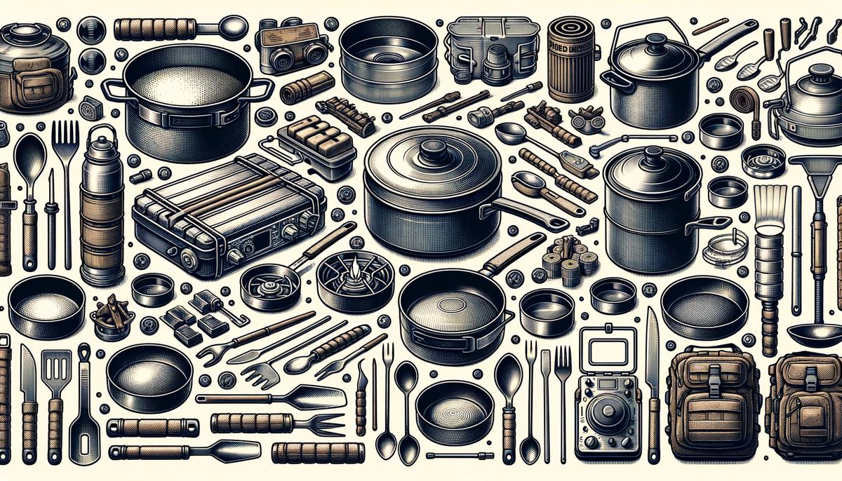 An image of various survival cooking gear, including pots, pans, stoves, and utensils.. Avoid using words, letters or labels in the image when possible.