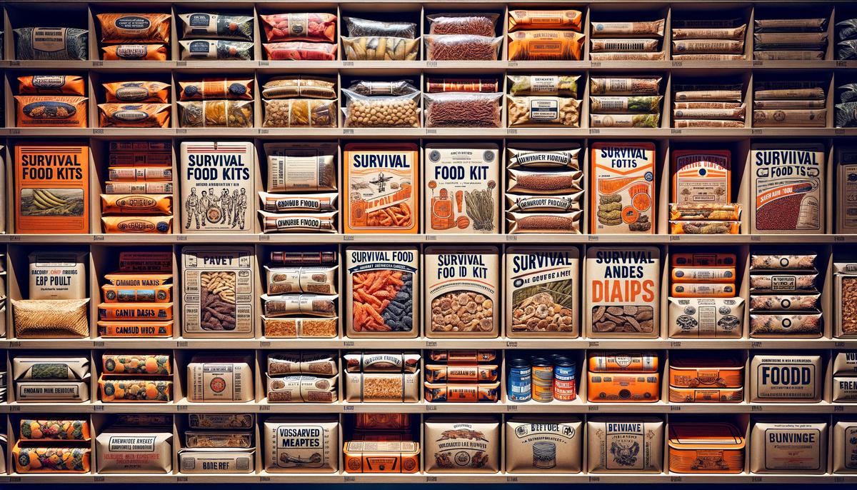 A variety of survival food kits on a shelf, showcasing different options for emergency preparedness. Avoid using words, letters or labels in the image when possible.