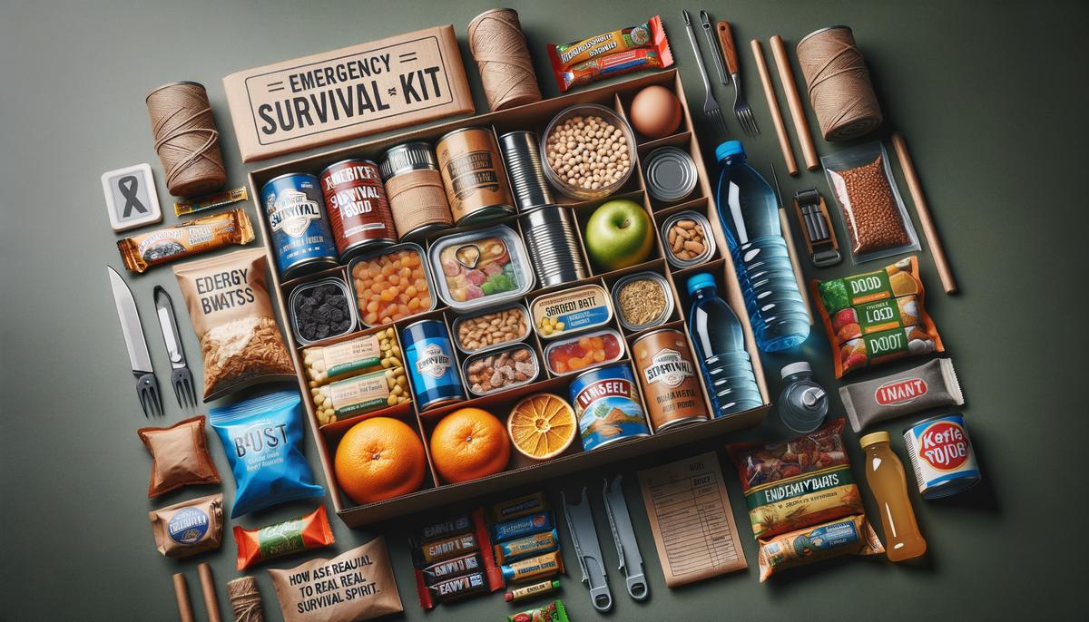 Image of a well-stocked emergency survival food kit. Avoid using words, letters or labels in the image when possible.