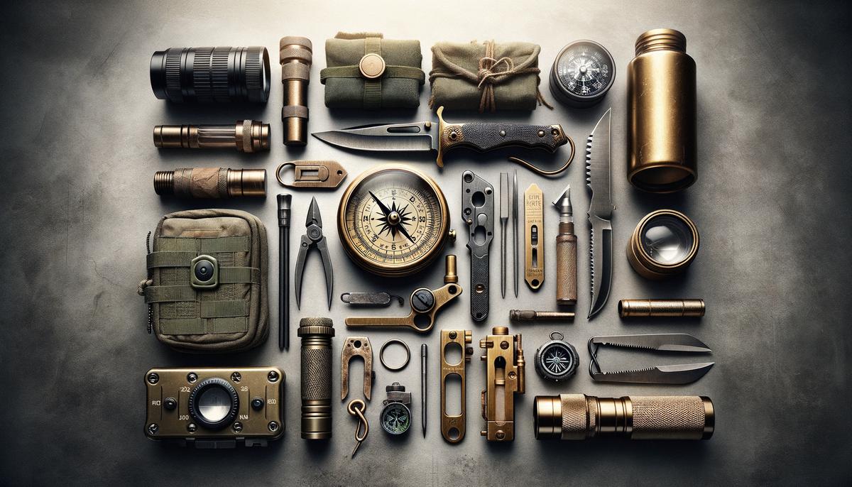 Image depicting various survival tools and a compass for navigation. Avoid using words, letters or labels in the image when possible.