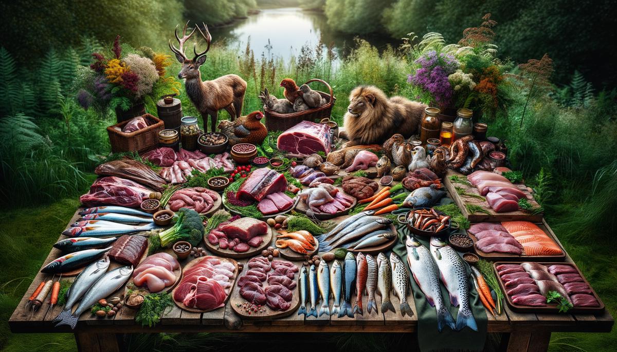 A diverse array of hunted and fished foods laid out on a table, showcasing the nutritional benefits of wild game and fish in a survival diet. Avoid using words, letters or labels in the image when possible.