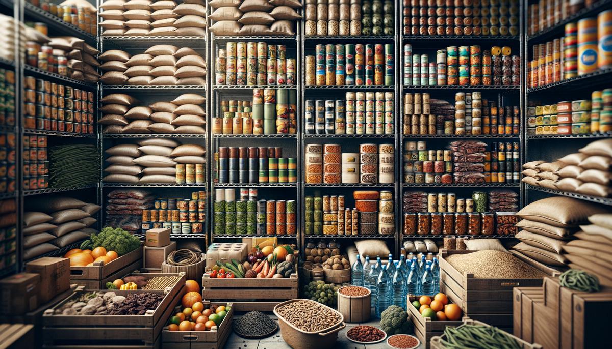 Image of a well-stocked urban survival food supply with various non-perishable items. Avoid using words, letters or labels in the image when possible.