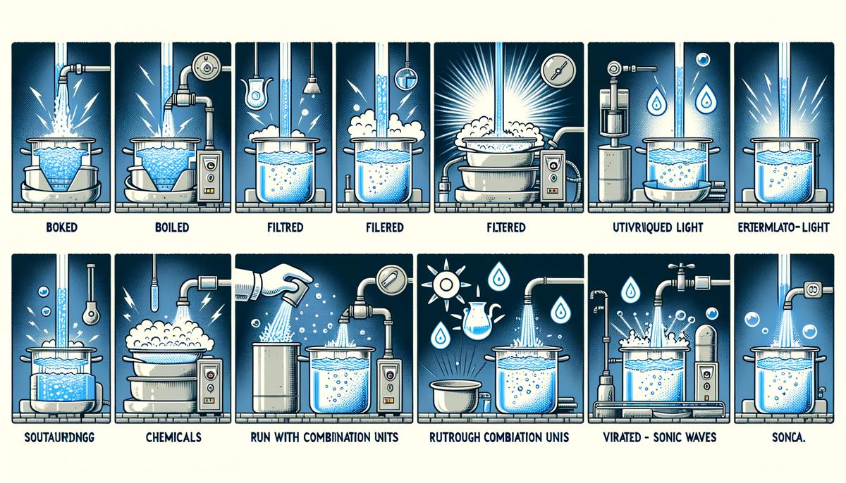 Various methods of water purification, including boiling, filtration, UV purification, chemical purification, combination units, and sonic vibration. Avoid using words, letters or labels in the image when possible.