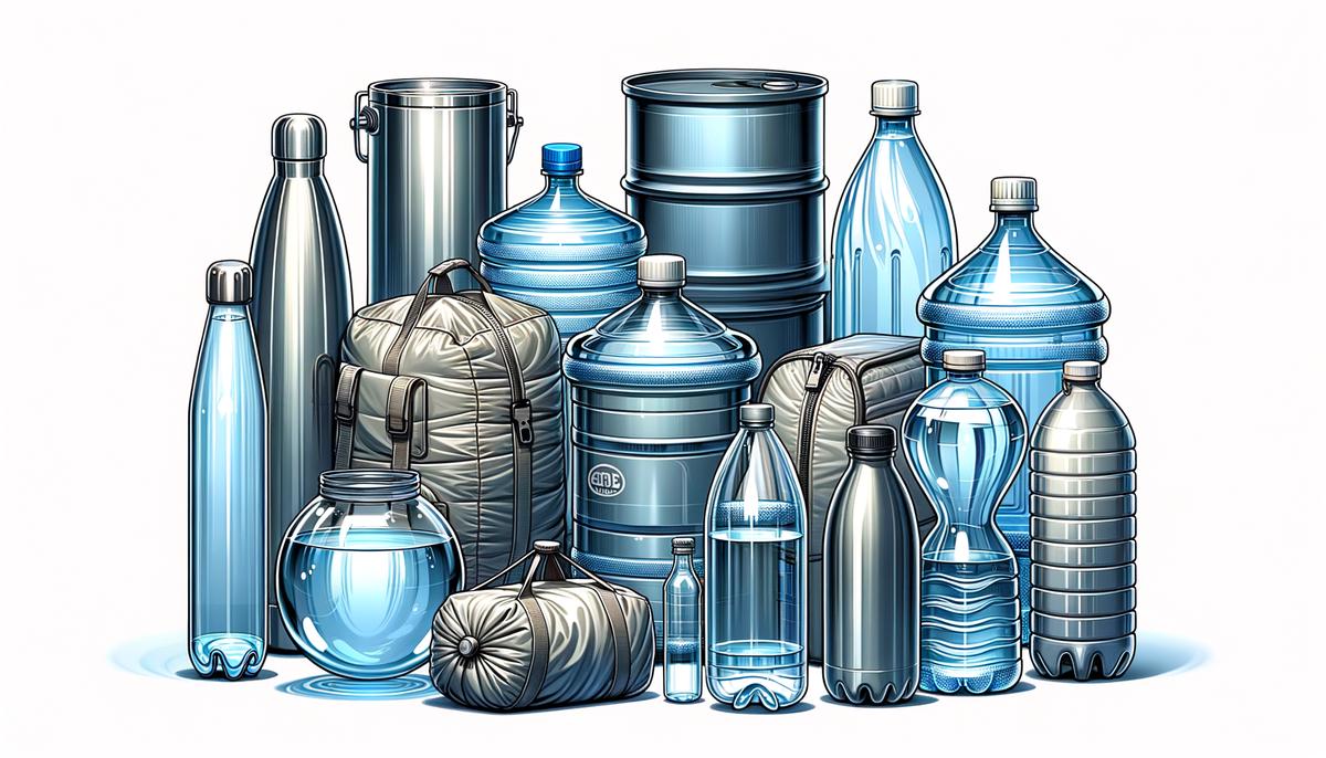 different types of water containers including stainless steel, plastic, glass, collapsible, and safe water barrels. Avoid using words, letters or labels in the image when possible.