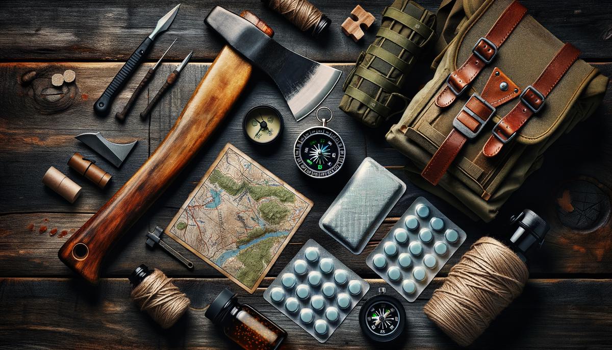 A variety of survival gear including a hatchet, water purification tablets, and a compass for different wilderness environments. Avoid using words, letters or labels in the image when possible.