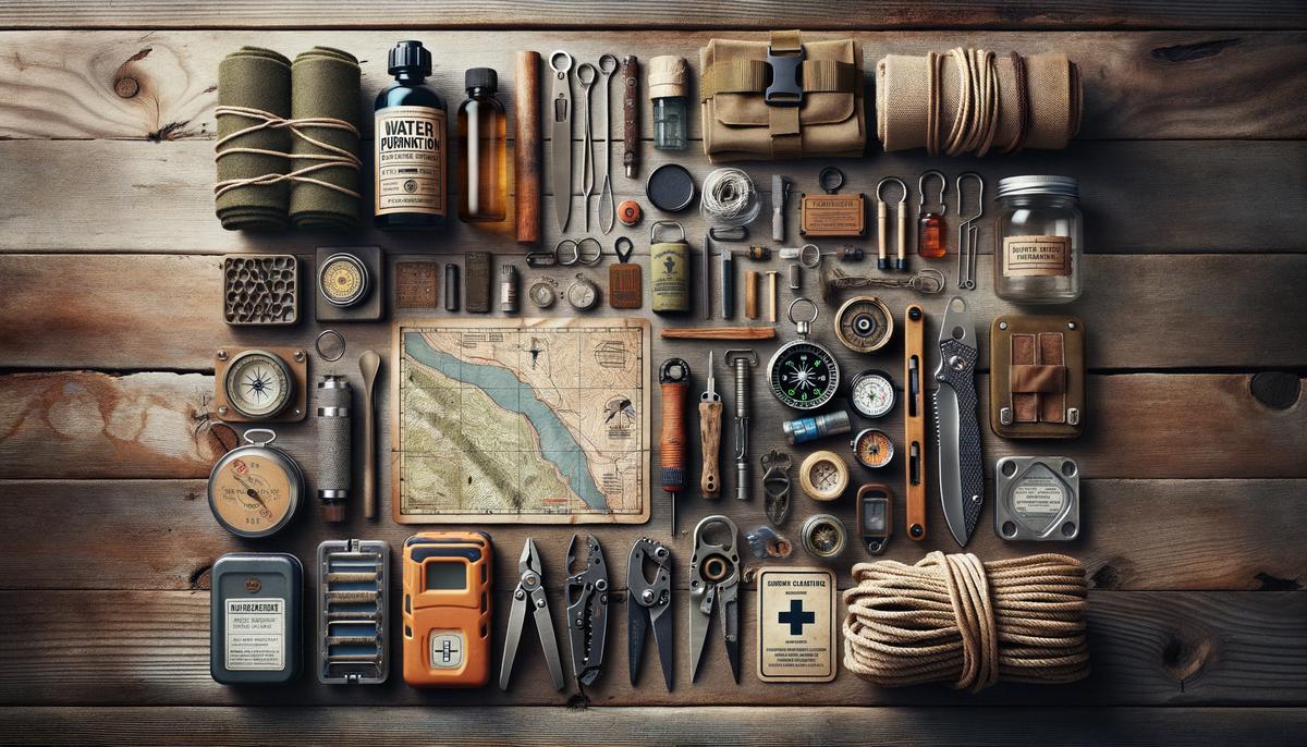 wilderness survival tools including water purification tablets, fire starters, shelter materials, navigation tools, a multi-tool, first aid supplies, and signaling devices. Avoid using words, letters or labels in the image when possible.